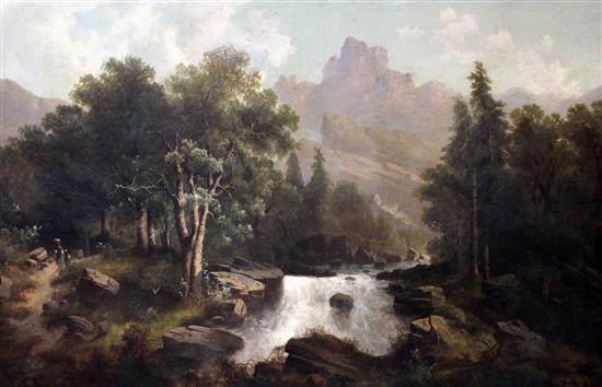 Albert Lang (1847-1933) Alpine landscape with figures near a waterfall 33 x 50in.
